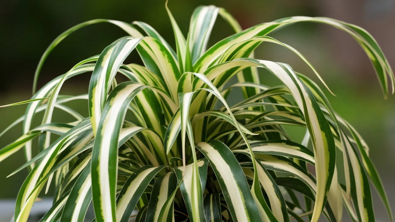 A high-resolution close-up image of a healthy, vibrant spider plant (Chlorophytum comosum) showing the distinct arching leaves with white variegation. The background should be blurred to emphasize the plant’s foliage.