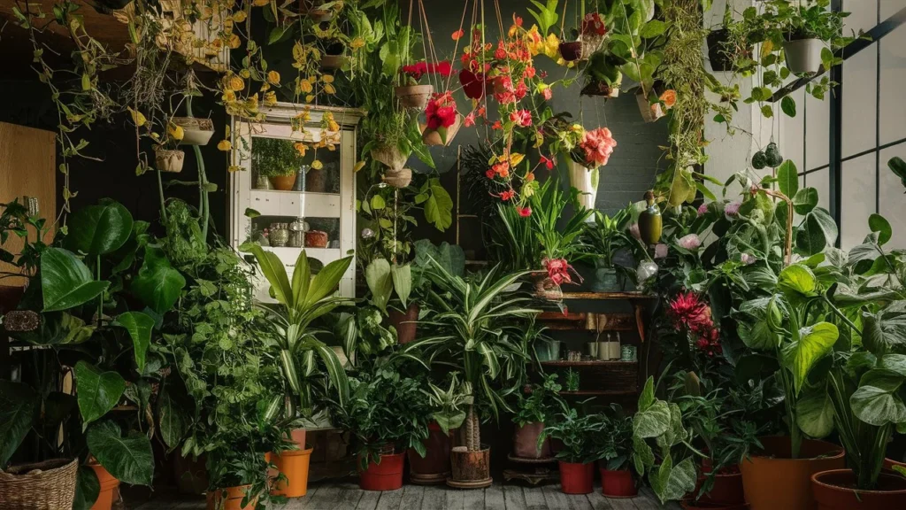 A variety of indoor flowering plants in full bloom, showcasing a range of colors and types.