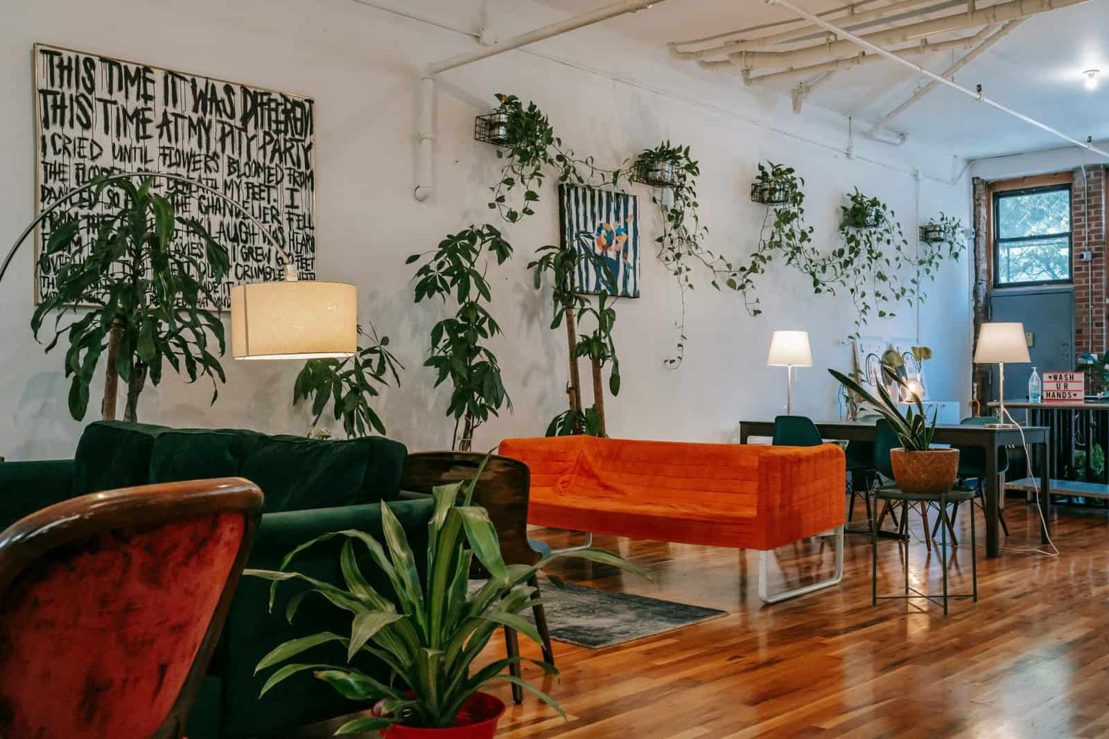 Interior of modern coworking room with cozy sofas