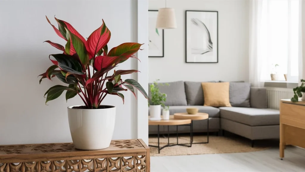 a bright modern living romm with an aglaonema plant