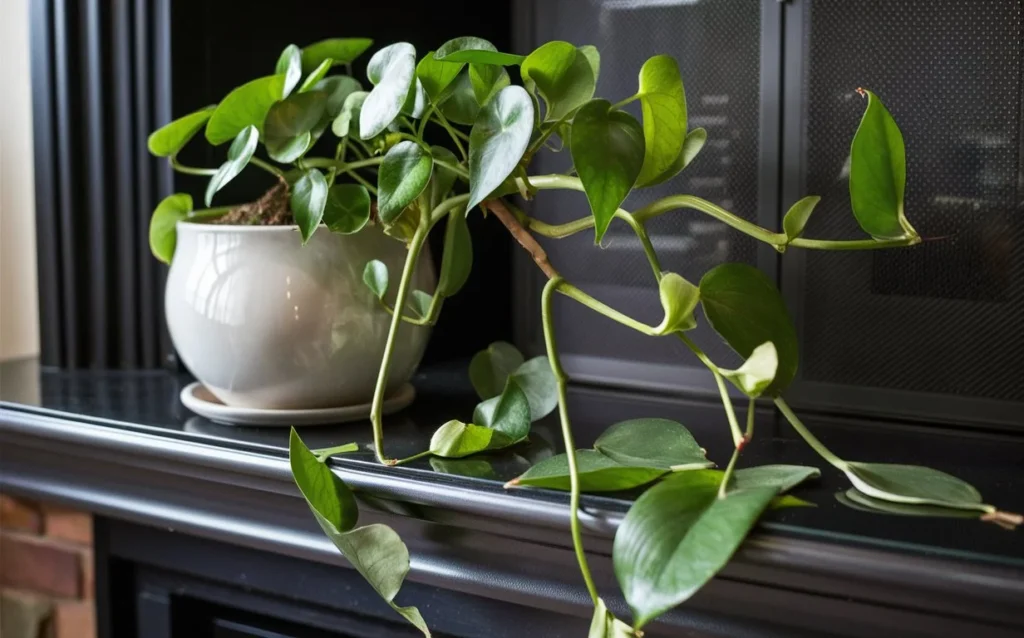 A Chinese Money Plant with a few leaves dropped at the base, placed on a fireplace mantel. The plant is in a white ceramic pot, and the surroundings include stylish indoor décor.