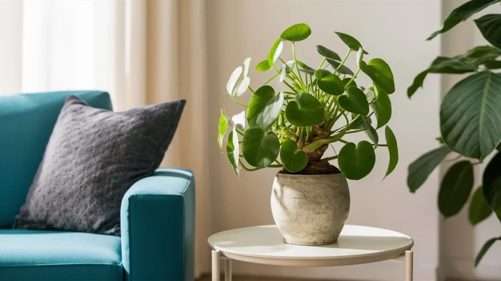 A Chinese Money Plant with its unique, round leaves placed on a side table in a well-lit room, adding a quirky touch to the decor.