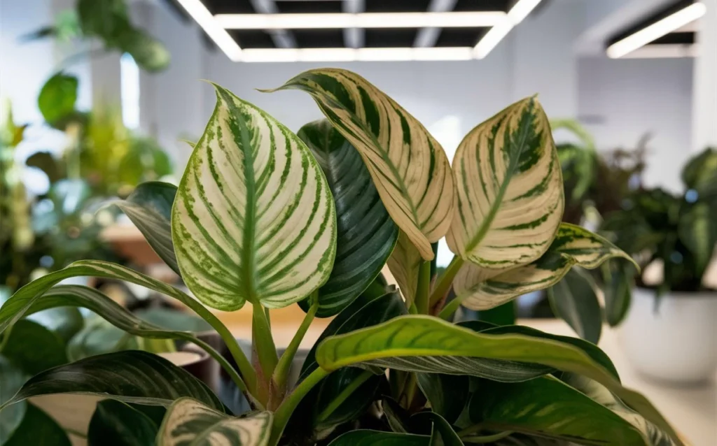 A close-up shot of a Philodendron Birkin plant with its characteristic pinstripe leaves, showing both healthy and slightly brown/mushy leaves. The background is a well-lit, modern indoor space with other houseplants in the background for context.