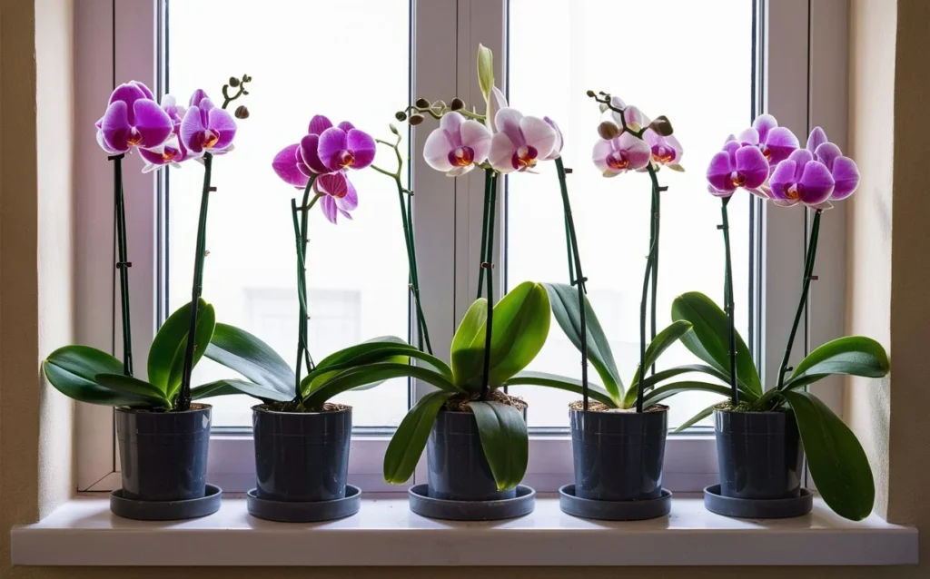  A group of orchids in various stages of bloom, placed on a windowsill that is too narrow for them. The leaves are awkwardly positioned, and the background shows a well-lit room.