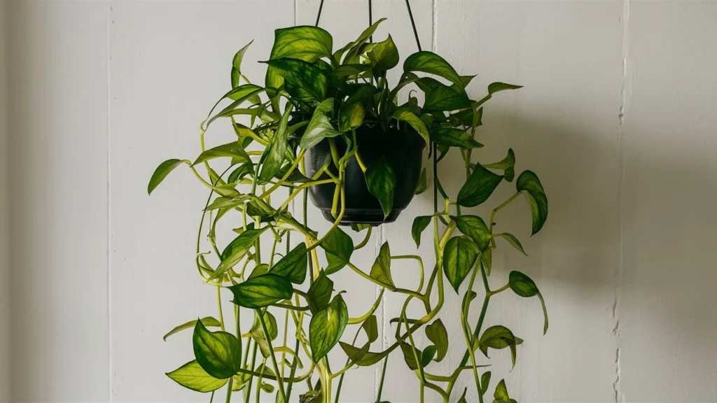 A hanging Pothos plant with long, trailing vines cascading down a white wall