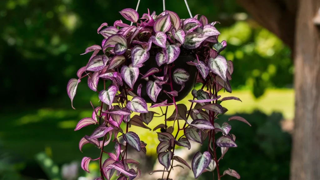 A hanging Tradescantia Zebrina plant with cascading vines, displaying the plant's vibrant purple and silver-striped leaves.
