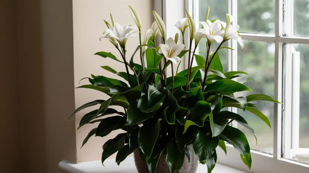 A Peace Lily in full bloom, with its elegant white flowers and lush green leaves, placed in a bright spot near a window.
