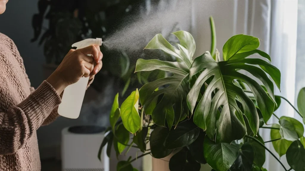 a person misting on monstera deliciosa