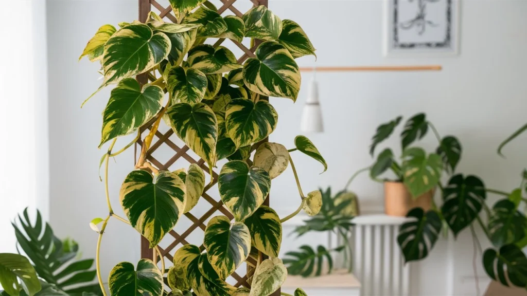 A Philodendron Brasil with its distinctive green and yellow variegated leaves, climbing a decorative trellis in a bright indoor space.
