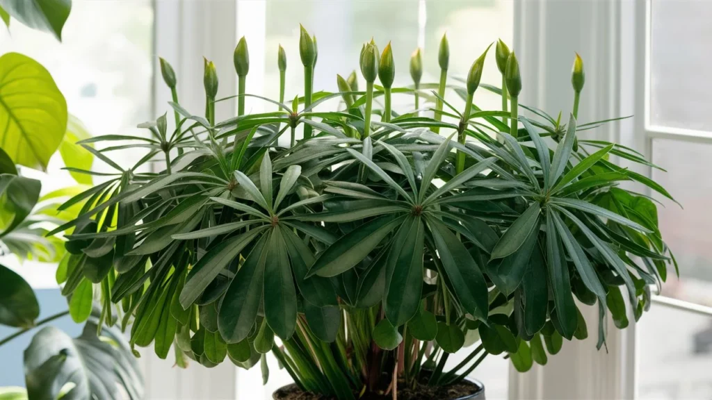 A Schefflera plant with its umbrella-like leaf clusters