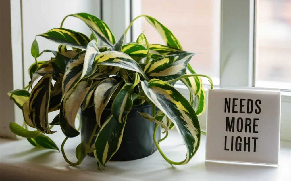 A Tradescantia Tricolor plant placed in a bright spot near a window, showing a mix of green and variegated leaves. A small sign next to the plant reads “Needs More Light.