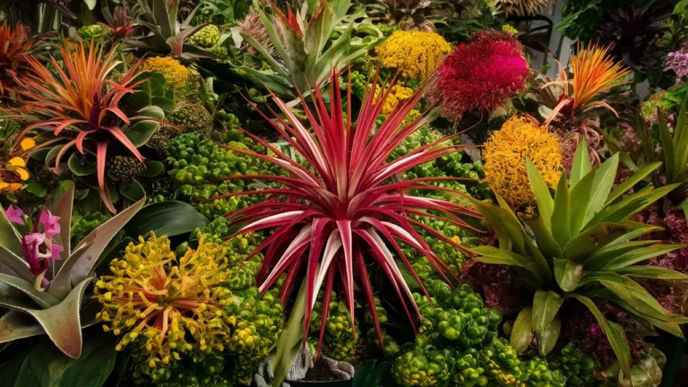 A vibrant display of bromeliads in various stages of bloom