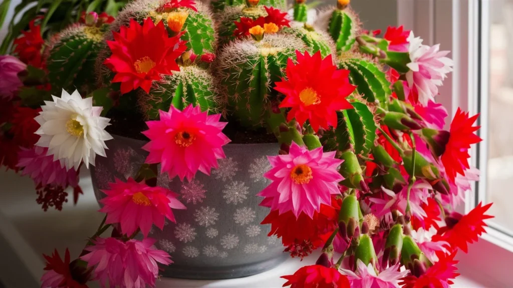 A vibrant indoor holiday cactus (Schlumbergera) in full bloom, with bright, colorful flowers (red, pink, or white) cascading over the edges of a decorative pot. The plant is placed on a windowsill, table, or shelf, adding a festive and cheerful touch to the indoor setting.