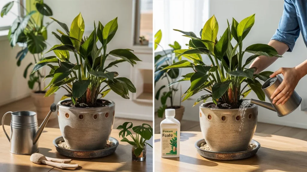 A well-lit indoor space with a decorative potted plant, showing proper plant care essentials: a pot with drainage holes on a pebble tray, a watering can, and plant fertilizer nearby. A person is gently watering the plant, illustrating the key aspects of watering, light, pot drainage, and feeding for healthy indoor plants