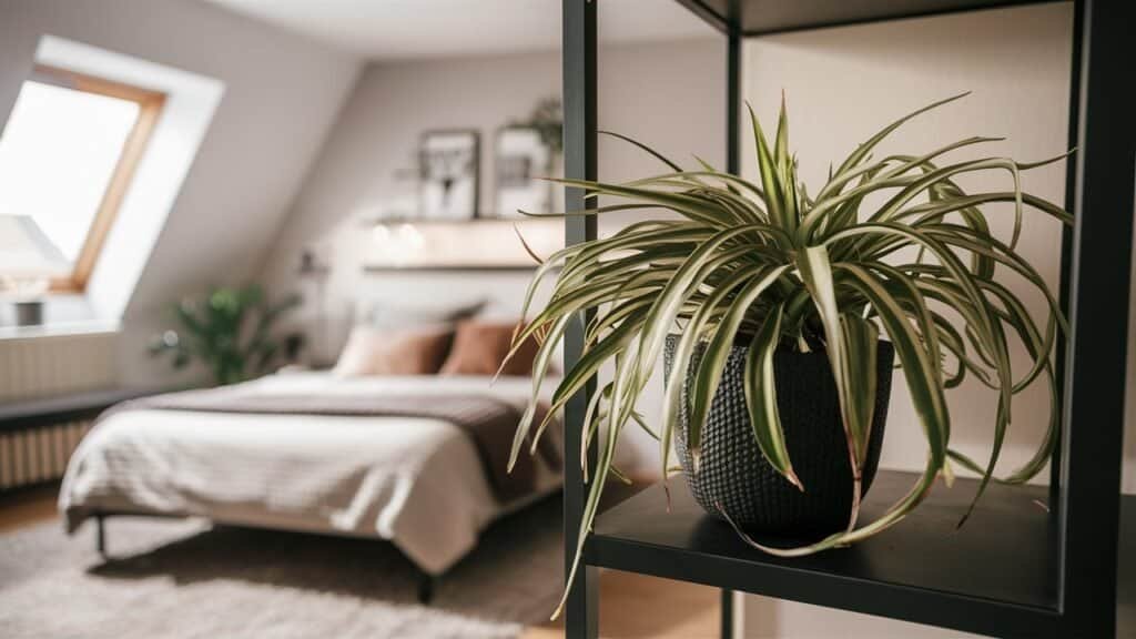 A well-decorated modern bedroom or living room with a spider plant prominently placed on a shelf or in a hanging planter. The room should have natural light, with a cozy and inviting atmosphere.