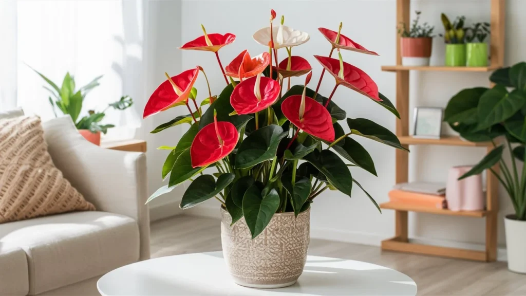 An Anthurium Lace Leaf plant with vibrant red, pink, or white waxy flowers, placed in a decorative pot in a bright room.
