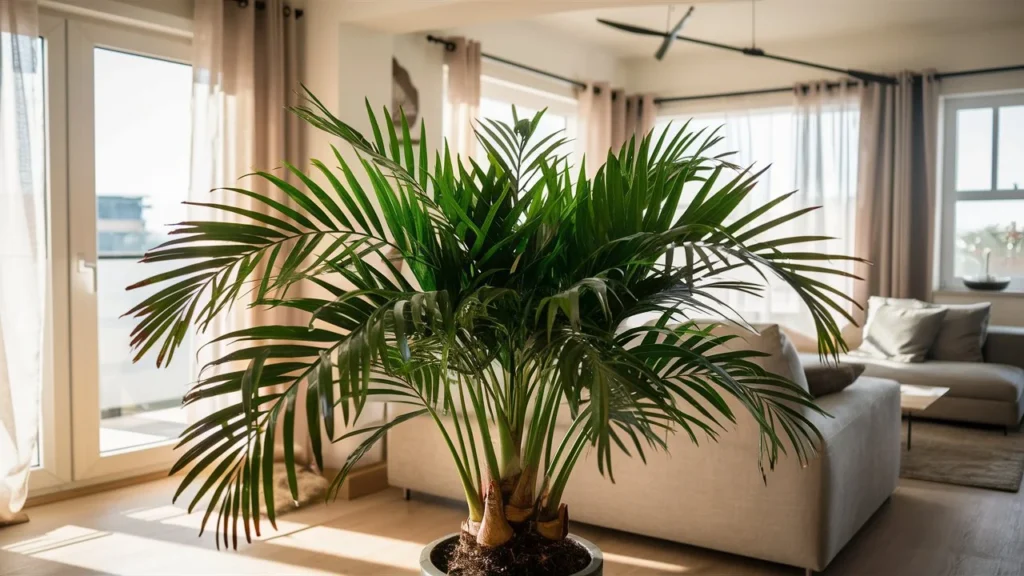 An Areca Palm placed in a spacious, well-lit corner of a living room. The room features large windows with light curtains, a cozy sofa, and indoor decor that complements the plant. Sunlight is softly filtering through the windows.