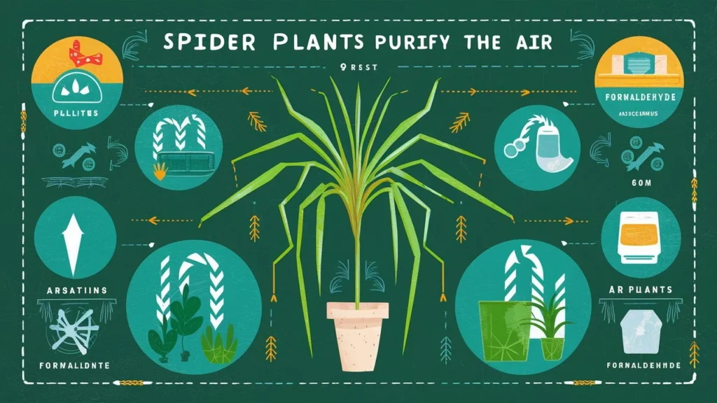 An infographic or a visual representation showing how spider plants purify the air. Include icons or elements representing air pollutants (like formaldehyde) and the plant absorbing them, with arrows indicating the process.