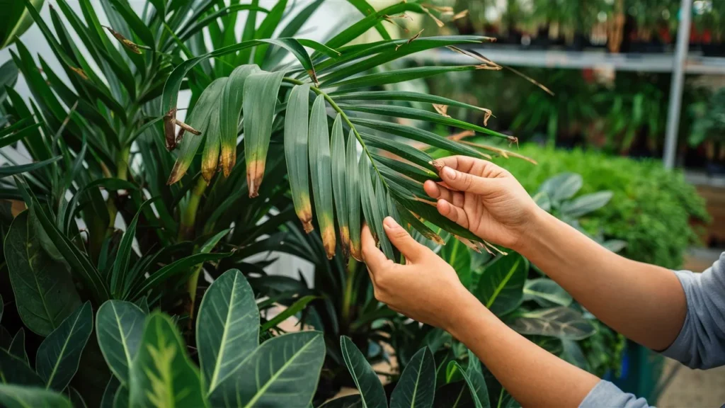 a person inspecting the leaves of areca palm