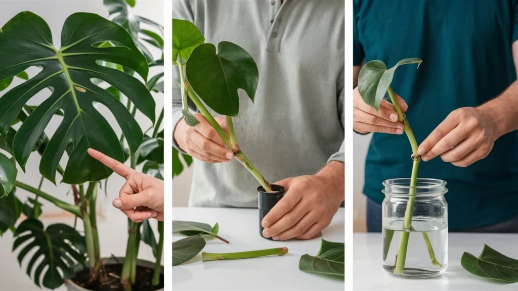 Create a sequence of images showing the step-by-step process of propagating a Monstera Deliciosa plant:

Selecting a Healthy Stem: A close-up of a healthy Monstera Deliciosa plant with a person pointing to a mature stem that has a node (a small bump where roots and leaves can grow from).

Cutting the Stem: A person using clean, sharp pruning shears to cut a section of the stem just below the node. The image should show the stem being carefully cut at a 45-degree angle.

Preparing the Cutting: The cutting placed on a clean surface, with any lower leaves removed to ensure no leaves will be submerged in water. The cutting should have at least one leaf and one node visible.

Placing in Water: The prepared cutting being placed in a clear jar or glass of water, with the node submerged but the leaves above the waterline. The image should show the jar in a bright area with indirect sunlight.

Root Development: A close-up of the cutting in the water after a few weeks, showing the development of roots growing from the node. The water should be clear and the roots healthy and white.

Transferring to Soil: The rooted cutting being carefully removed from the water and placed into a small pot with well-draining potting soil. The roots should be covered with soil, and the plant gently pressed into place.

Watering the New Plant: The newly potted Monstera Deliciosa cutting being watered with a small watering can, ensuring the soil is evenly moist.

New Growth: The propagated Monstera Deliciosa showing signs of new growth after a few weeks, with new leaves unfurling and the plant looking healthy and established in its pot.