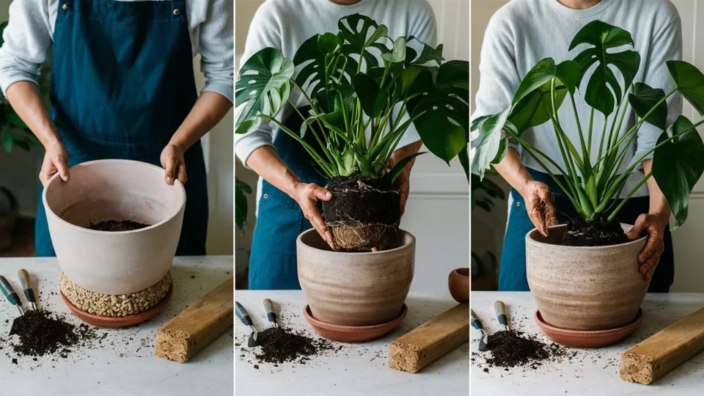 Create a sequence of images showing the step-by-step process of repotting a Monstera Deliciosa plant:

Preparing the New Pot: An empty pot with drainage holes at the bottom, a layer of small rocks or broken pottery pieces for drainage, and a partially filled layer of fresh potting soil. The scene is set on a clean work surface with gardening tools nearby.

Removing the Plant from the Old Pot: A person gently tipping a Monstera Deliciosa plant out of its old pot, carefully supporting the base of the plant and the roots.

Examining the Roots: The plant's root ball exposed, with a person gently loosening the roots and trimming any dead or damaged roots.

Placing the Plant in the New Pot: The Monstera Deliciosa being placed into the new pot, with the root ball centered and the plant standing upright.

Adding Soil: Fresh potting soil being added around the roots, filling up the pot to cover the roots completely, and gently pressing down to secure the plant.

Watering the Plant: The newly potted Monstera Deliciosa being watered with a watering can, ensuring the soil is evenly moist.

Final Touch: The repotted Monstera Deliciosa placed in its new location, with the plant looking healthy and stable in its new pot.Create a sequence of images showing the step-by-step process of repotting a Monstera Deliciosa plant:

Preparing the New Pot: An empty pot with drainage holes at the bottom, a layer of small rocks or broken pottery pieces for drainage, and a partially filled layer of fresh potting soil. The scene is set on a clean work surface with gardening tools nearby.

Removing the Plant from the Old Pot: A person gently tipping a Monstera Deliciosa plant out of its old pot, carefully supporting the base of the plant and the roots.

Examining the Roots: The plant's root ball exposed, with a person gently loosening the roots and trimming any dead or damaged roots.

Placing the Plant in the New Pot: The Monstera Deliciosa being placed into the new pot, with the root ball centered and the plant standing upright.

Adding Soil: Fresh potting soil being added around the roots, filling up the pot to cover the roots completely, and gently pressing down to secure the plant.

Watering the Plant: The newly potted Monstera Deliciosa being watered with a watering can, ensuring the soil is evenly moist.

Final Touch: The repotted Monstera Deliciosa placed in its new location, with the plant looking healthy and stable in its new pot.