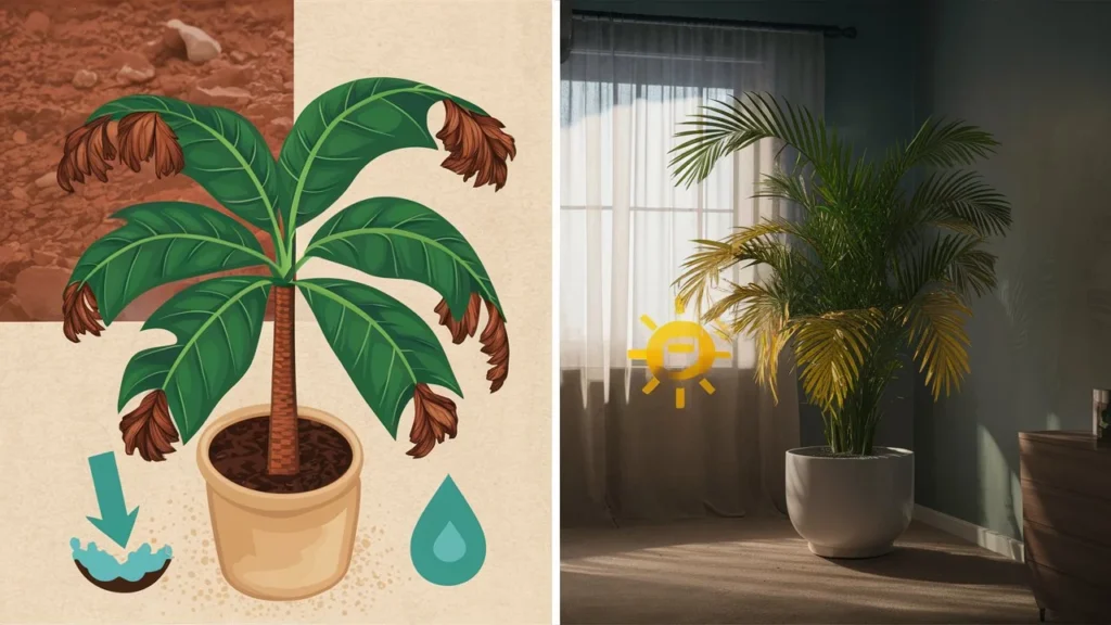 Prompt: "A split image illustrating common Areca Palm issues: The left side shows an Areca Palm with brown leaf tips. There is a small water droplet symbol next to the plant, with an arrow pointing downwards to the soil, indicating overwatering. The background includes a slightly overwatered soil. The right side shows an Areca Palm with yellowing leaves. There is a sun symbol next to the plant, with an arrow pointing towards a window with sheer curtains, indicating inadequate light. The background shows a dimly lit room with limited natural light filtering in.