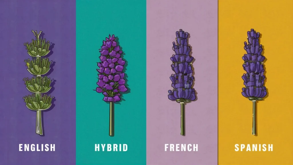 A simple infographic showing the four basic types of lavender (English, Hybrid, French, Spanish).