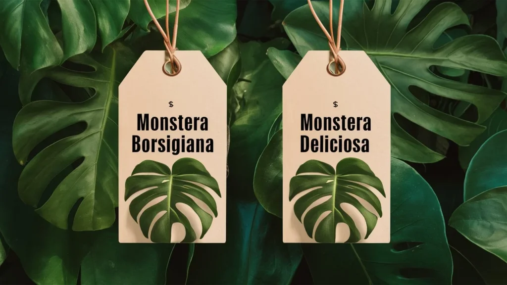 An image of two price tags with the names "Monstera Borsigiana" and "Monstera Deliciosa" on them, reflecting that Borsigiana is often cheaper due to its faster growth and more straightforward care.